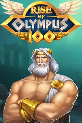 Rise of Olympus 100 slot with Zeus and golden logo on blue background