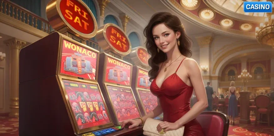 Weekend reload bonus €700 and 50 free spins with woman near slot machines