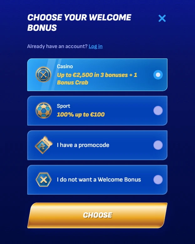 Bonus selection screen with options like casino, sport, and promo code