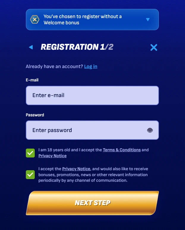 Registration step 1 with email and password input fields