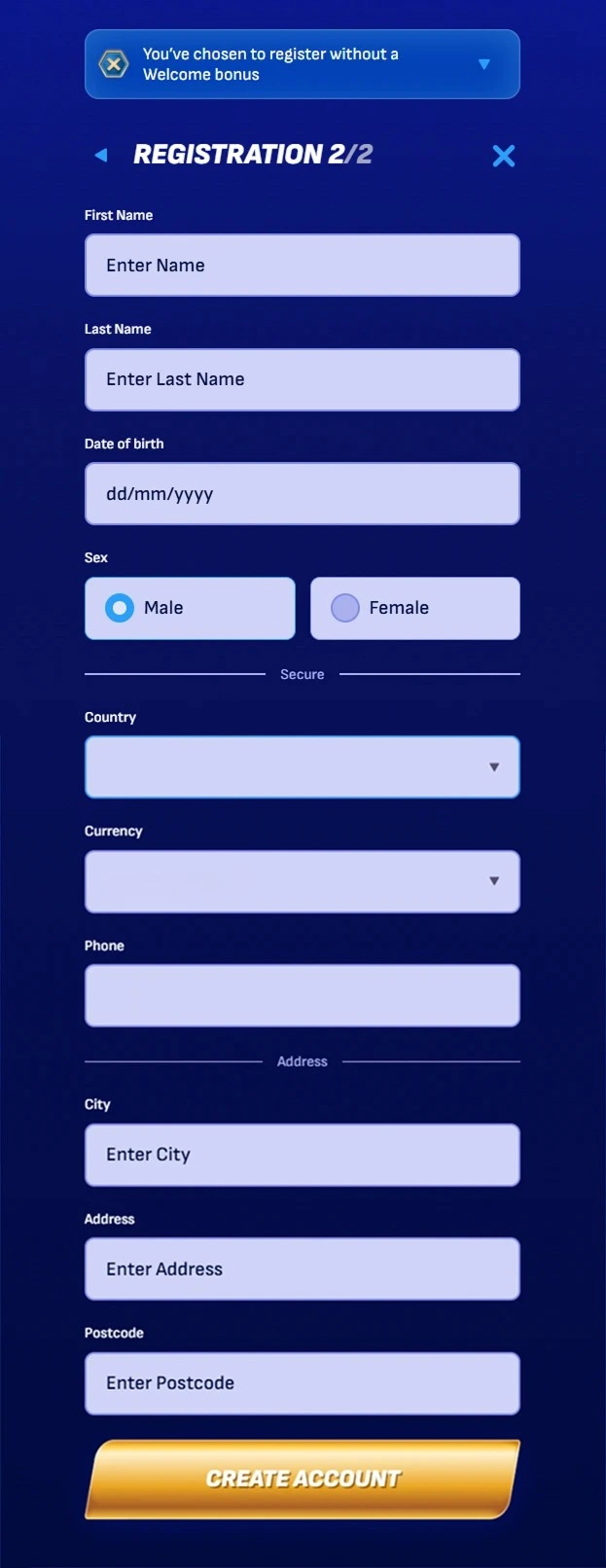 Registration step 2 with personal info, address, and gender selection