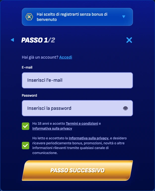 PASSO 1/2 Hai già un account? Accedi E-mail Inserisci l'e-mail Password Inserisci la password Registration 2